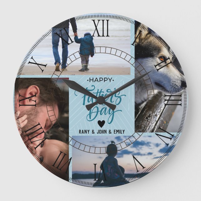 Happy Father's Day Photo Collage Custom Names Large Clock (Front)