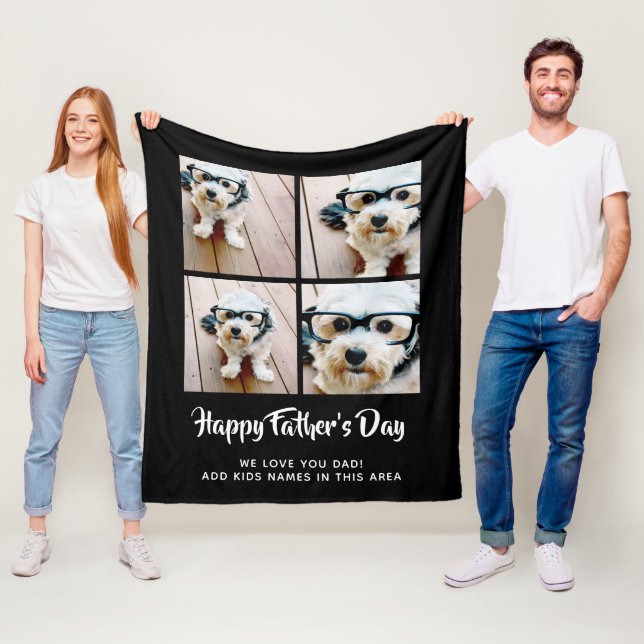 Happy Father's Day Photo Collage for dad - black Fleece Blanket (In Situ)