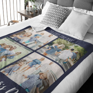 Happy Father's Day Photo Collage Navy Blue Fleece Blanket