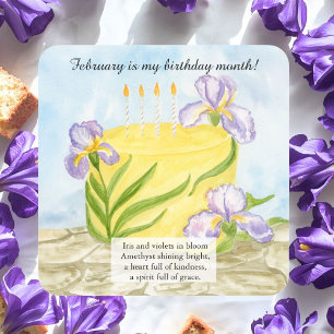  Happy February Irises Birthday Cake Square Sticker