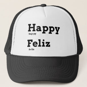 Happy Feliz Educational Fashion Language Flashcard Trucker Hat