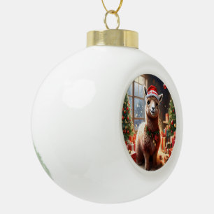 Happy Festive Alpaca Christmas, Ceramic Ball Christmas Ornament