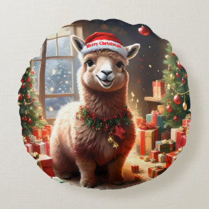 Happy Festive Alpaca Christmas, Round Cushion