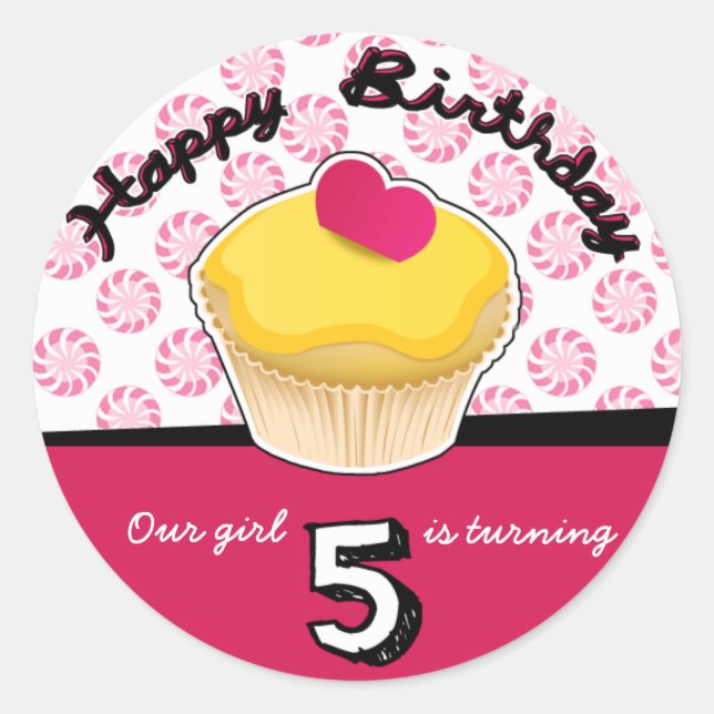 Happy Fifth (5th) Birthday Cupcake Stickers! Classic Round Sticker (Front)