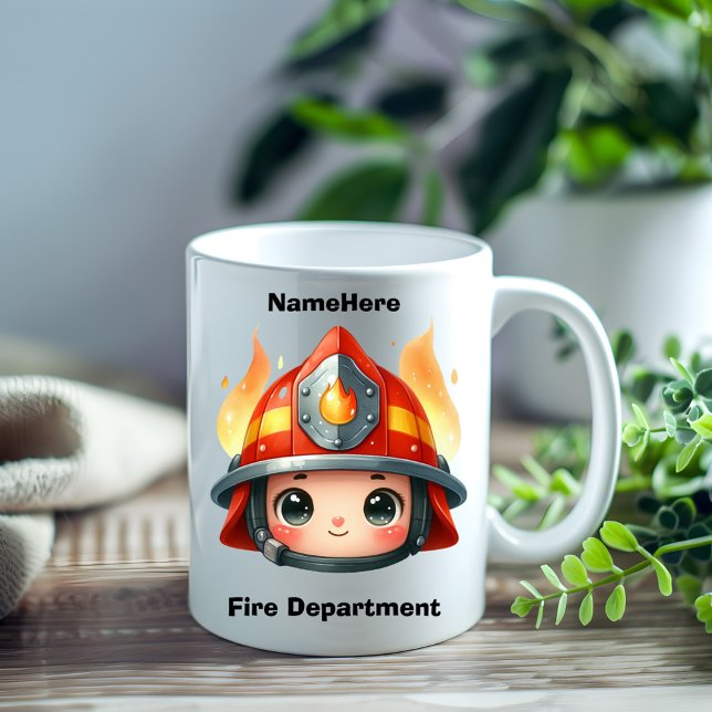 Happy firefighter mascot with flames coffee mug (Creator Uploaded)