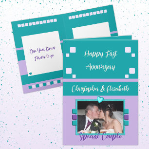 Happy First Anniversary add photo turquoise purple Card