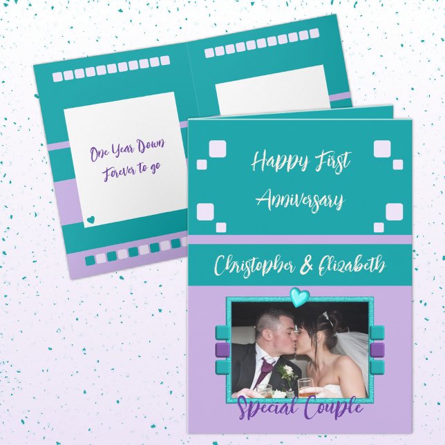 Happy First Anniversary add photo turquoise purple Card (Creator Uploaded)