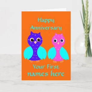 Happy First Anniversary Cute Owl Couple Customise Card
