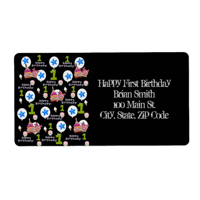 Happy First Birthday Address Labels, Black (Front)