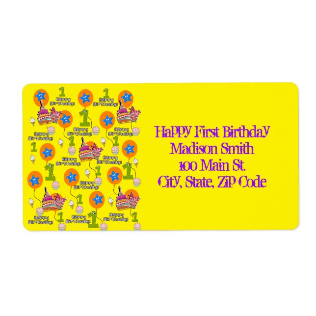 Happy First Birthday Address Labels, Yellow (Front)