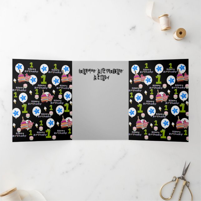 Happy First Birthday Card, #1 Birthday Black Tri-Fold Card (Inside)