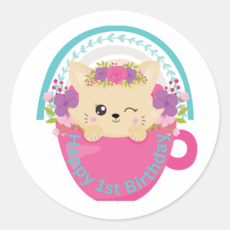 Happy first Birthday Cat and rainbow Classic Round Sticker