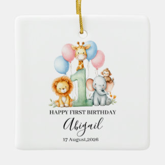 Happy First Birthday Safari Animal Custom Name Art Ceramic Ornament