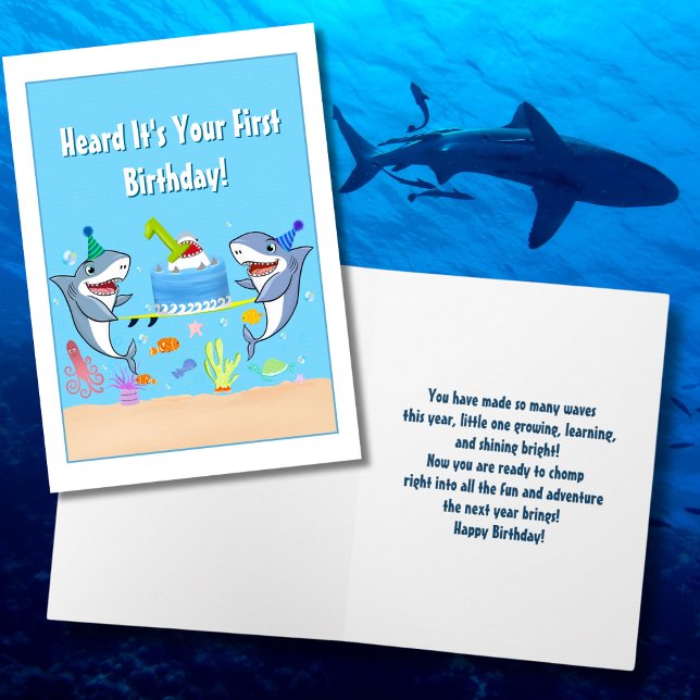 Happy First Birthday Sharks with Cake Card (Creator Uploaded)
