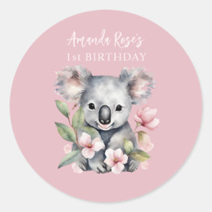 Happy First Birthday Watercolor Koala Classic Round Sticker