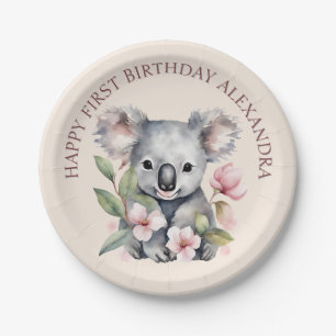 Happy First Birthday Watercolor Koala Paper Plate