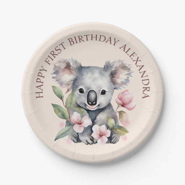 Happy First Birthday Watercolor Koala Paper Plate (Front)