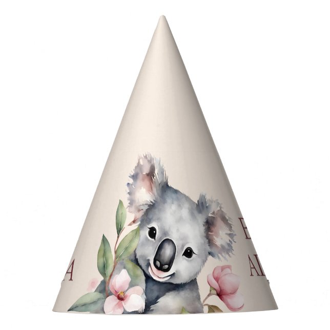 Happy First Birthday Watercolor Koala Party Hat (Front)