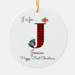 Happy first Christmas J lumberjack robin tree Ceramic Tree Decoration
