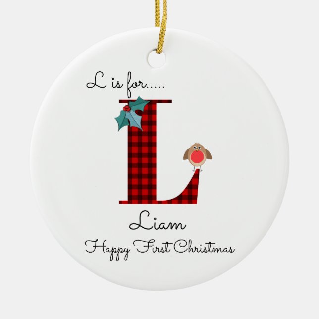 Happy first Christmas L lumberjack robin tree Ceramic Tree Decoration (Front)