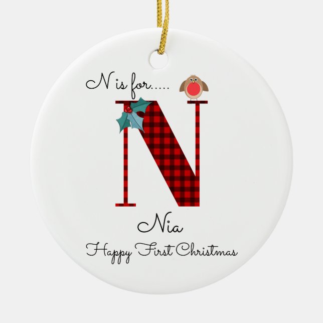 Happy first Christmas N lumberjack robin tree Ceramic Tree Decoration (Front)