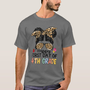Happy First Day Of School 4Th Grade Leopard Messy T-Shirt