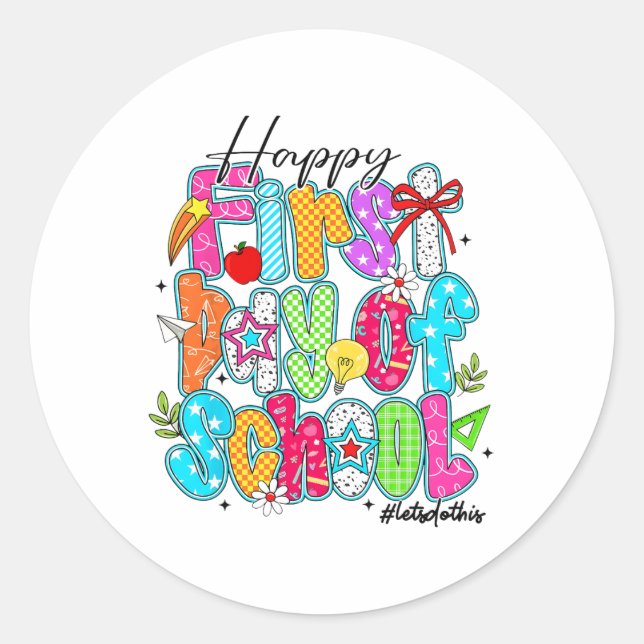 Happy First Day Of School Pencil Teacher Kids Back Classic Round Sticker (Front)