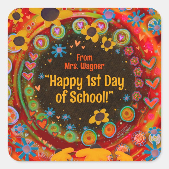 Happy First Day of School Personalised Teacher  Square Sticker (Front)