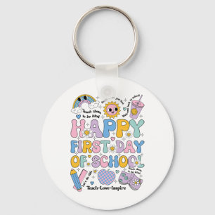 Happy First Day School Shirt Groovy Rainbow Back T Key Ring