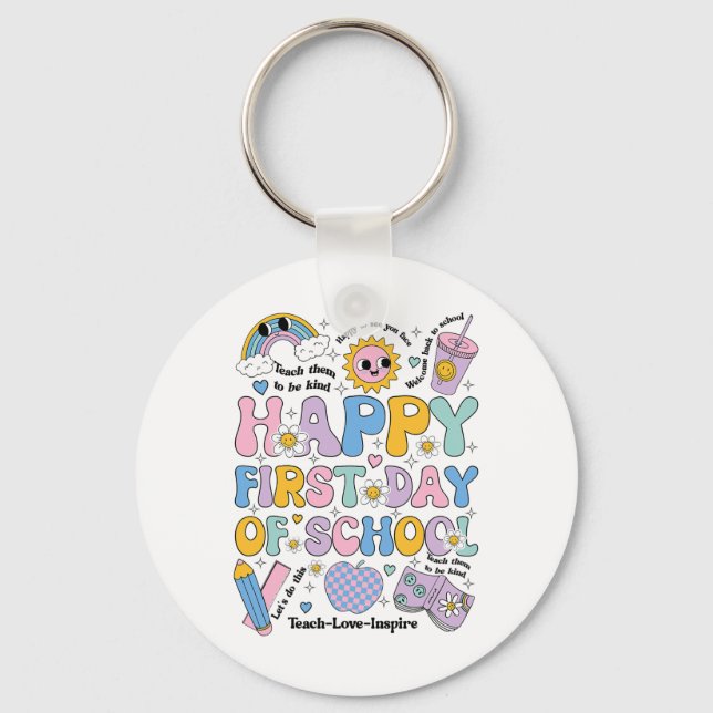 Happy First Day School Shirt Groovy Rainbow Back T Key Ring (Front)