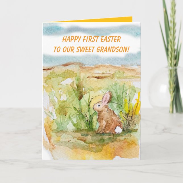 Happy First Easter Grandson Rabbit Wildflowers Card (Front)