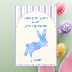Happy First Easter Grandson Watercolor Blue Bunny  Holiday Card