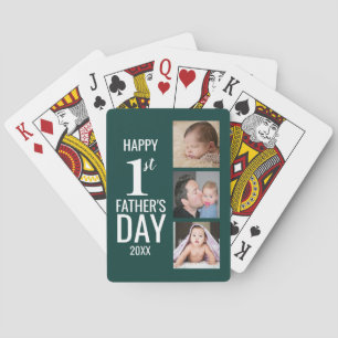 Happy First Father's Day 3 Photo Collage Green Playing Cards