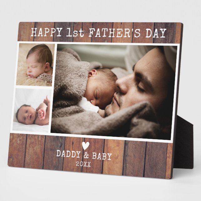 Happy First Father's Day 3 Photo Collage Wood Plaque (Side)