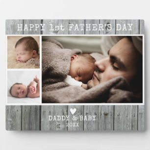 Happy First Father's Day 3 Photo Grey Wood Plaque