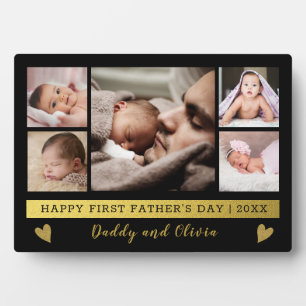 Happy First Father's Day 5 Photo Black And Gold Plaque