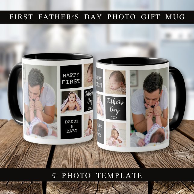 Happy First Father's Day 5 Photo Collage Black Mug (Happy First Father's Day 5 Photo Collage Black Mug
)