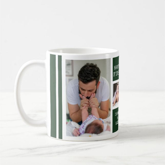 Happy First Father's Day 5 Photo Collage Green Coffee Mug (Left)