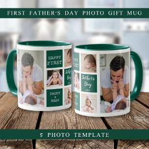 Happy First Father's Day 5 Photo Collage Green Mug