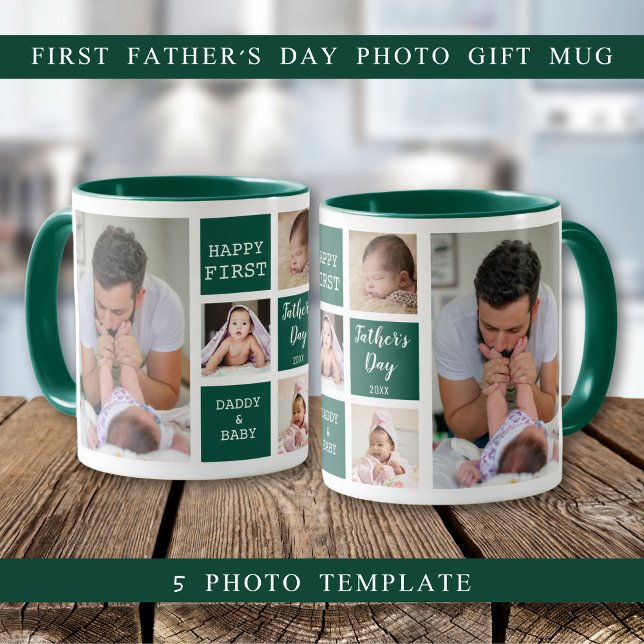 Happy First Father's Day 5 Photo Collage Green Mug (Happy First Father's Day 5 Photo Collage Green Mug
)