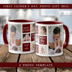 Happy First Father's Day 5 Photo Collage Maroon Mug