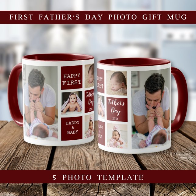 Happy First Father's Day 5 Photo Collage Maroon Mug (Happy First Father's Day 5 Photo Collage Maroon Mug
)