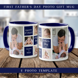 Happy First Father's Day 5 Photo Collage Navy Blue Mug