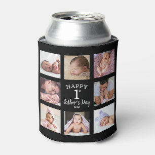 Happy First Father's Day 8 Photo Collage Black Can Cooler