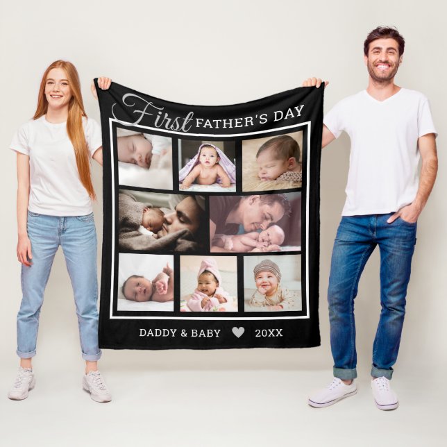 Happy First Father's Day 8 Photo Collage  Black Fleece Blanket (In Situ)