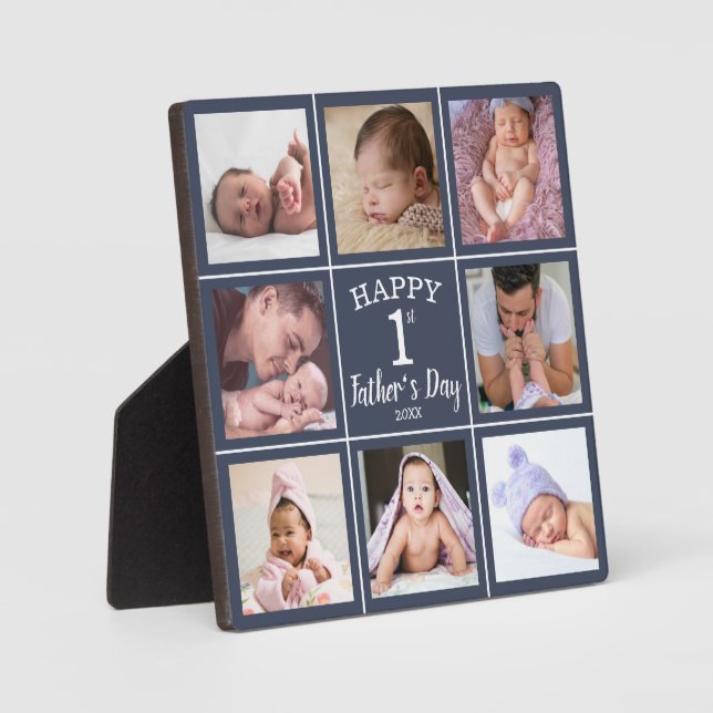 Happy First Father's Day 8 Photo Collage Blue Plaque (Front)