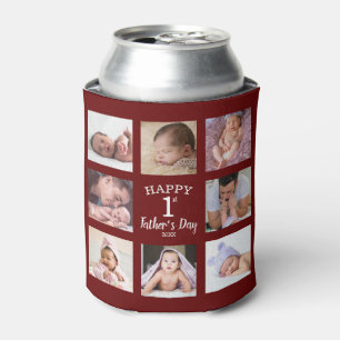 Happy First Father's Day 8 Photo Collage Maroon Can Cooler