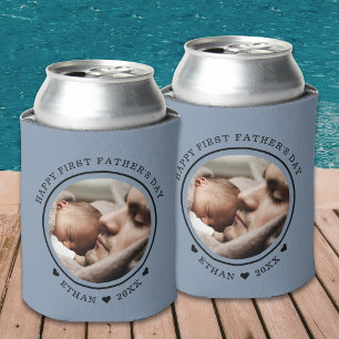Happy First Father's Day Baby Photo Grey New Dad Can Cooler