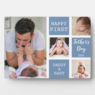 Happy First Father's Day Blue 4 Photo Collage   Plaque