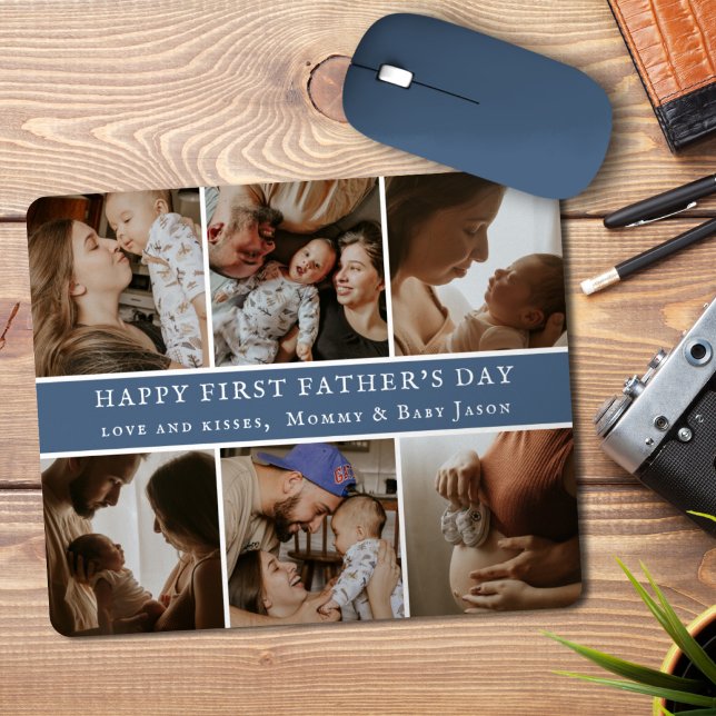 Happy First Father's Day Custom Photo Collage Blue Mouse Pad (Creator Uploaded)
